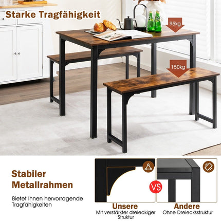 Esstisch mit 2 Bänken Essgruppe 3er Set 110 x 70 cm Küchentisch für 4 Personen Kaffee + Schwarz