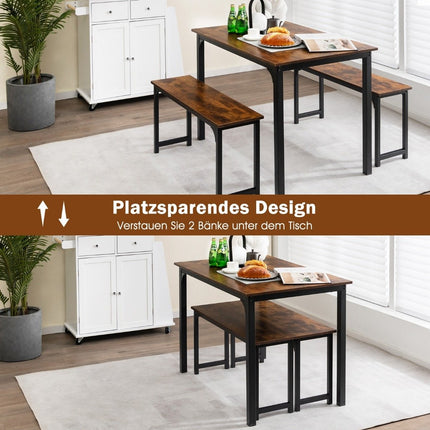 Esstisch mit 2 Bänken Essgruppe 3er Set 110 x 70 cm Küchentisch für 4 Personen Kaffee + Schwarz