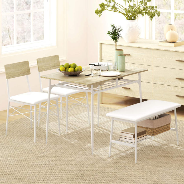 Table à manger avec 2 chaises, banc, groupe de salle à manger de 4 personnes, table de cuisine avec étagère pour 4 personnes, groupe de salle à manger pour petites pièces, cuisine, salon, chêne