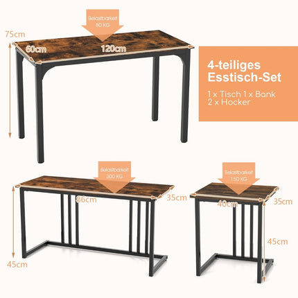 Table à manger avec banc &amp; 2 tabourets lot de 4 table de cuisine groupe de salle à manger industriel pour cuisine 120 x 60 x 75 cm marron