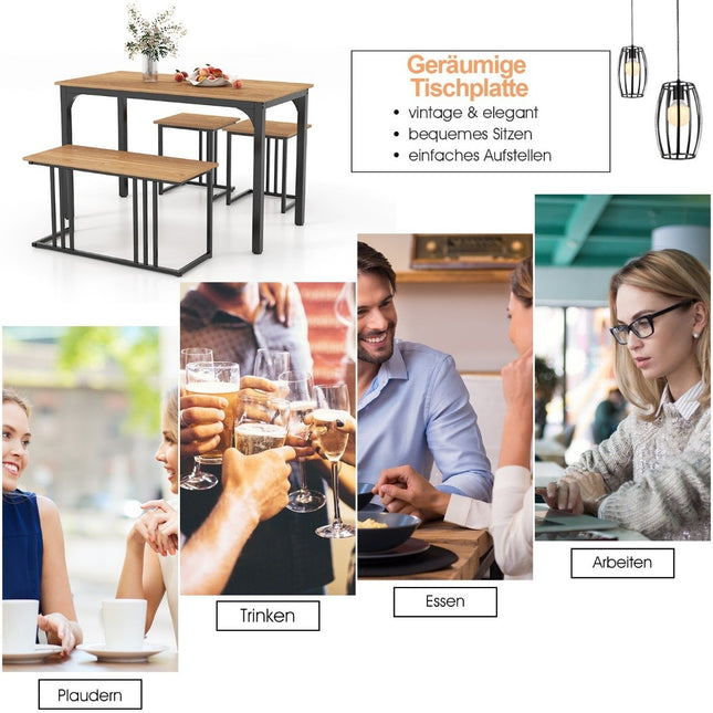 Table à manger avec banc &amp; 2 tabourets lot de 4 table de cuisine groupe de salle à manger industriel pour cuisine 120 x 60 x 75 cm naturel