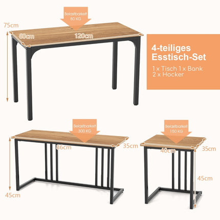Esstisch mit Bank &amp; 2 Hockern 4er Set Küchentisch Industrial Essgruppe für Küche 120 x 60 x 75 cm Natur