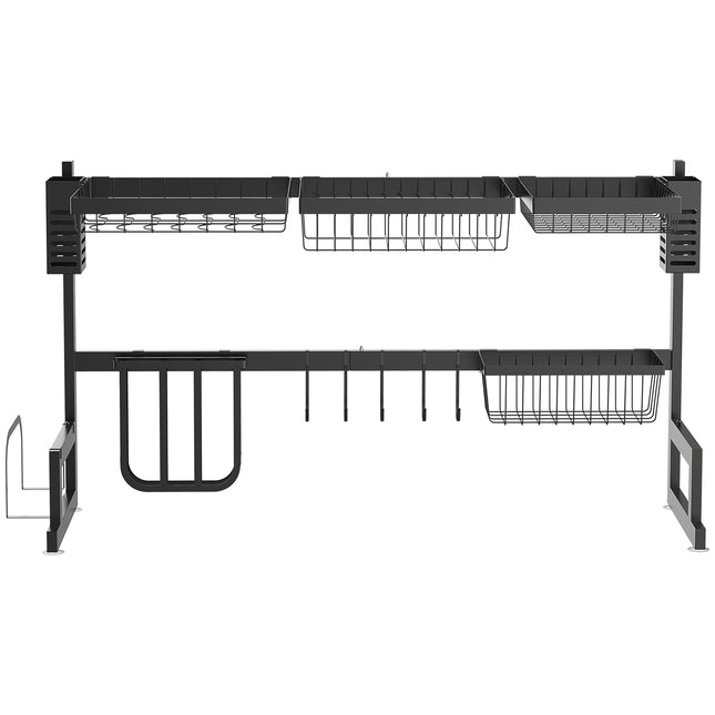 Égouttoir à vaisselle, égouttoir à 2 niveaux avec crochets, bac d'égouttage, égouttoir à vaisselle de 52,5 cm pour évier de cuisine, acier, noir |