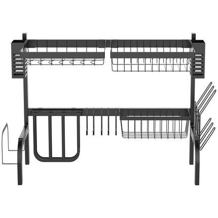 Égouttoir à vaisselle, égouttoir à 2 niveaux avec crochets, support à assiettes, accessoires, égouttoir à vaisselle de 65 cm pour évier de cuisine, acier, noir |