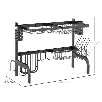 Égouttoir à vaisselle, égouttoir à 2 niveaux avec crochets, support à assiettes, accessoires, égouttoir à vaisselle de 65 cm pour évier de cuisine, acier, noir |