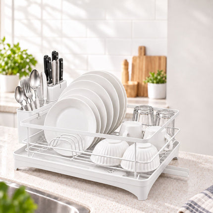 Dish Drainer with Rotating Drain and Cutlery Holder, White, 43 cm Wide