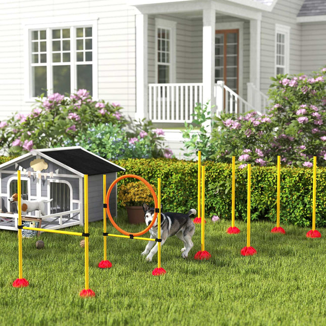 Dog Agility Set, équipement d'agilité remplissable 4 pièces pour le dressage de chiens, ensemble de haies avec poteaux de slalom, réglable en hauteur, haies, anneau de saut, entraînement de coordination pour les jeux, entraînement