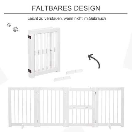 Collapsible dog safety gate with support feet, pine white