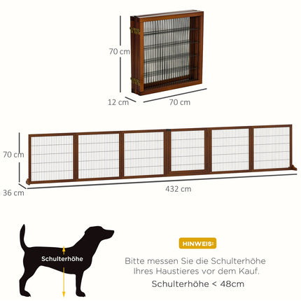 Barrière pour chien, 6 pièces, 432 x 70 cm, barrière de porte pliable avec 2 pieds de support, barrière pour chien autoportante, barrière d'escalier pour chiens de taille moyenne, pour couloir, escaliers, café