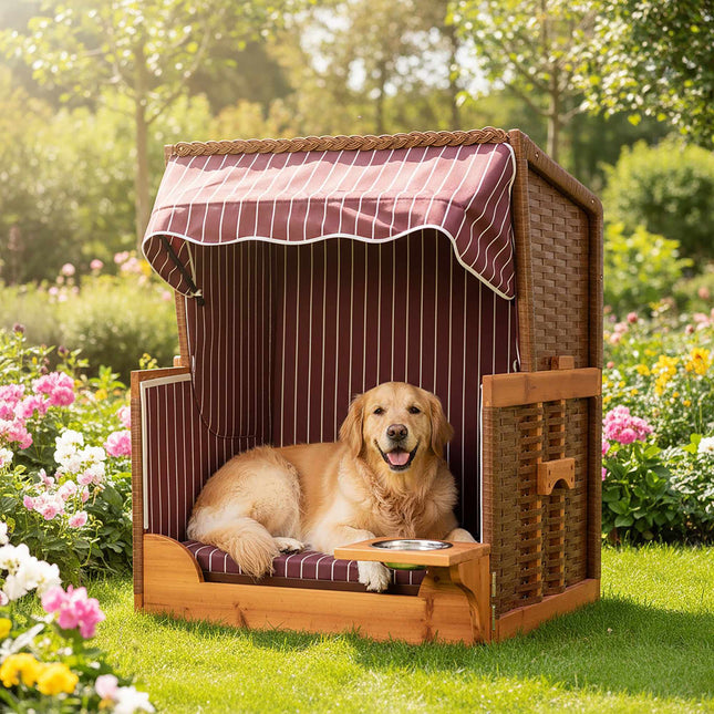 Hundestrandstuhl, Holz & Rattan mit Napf