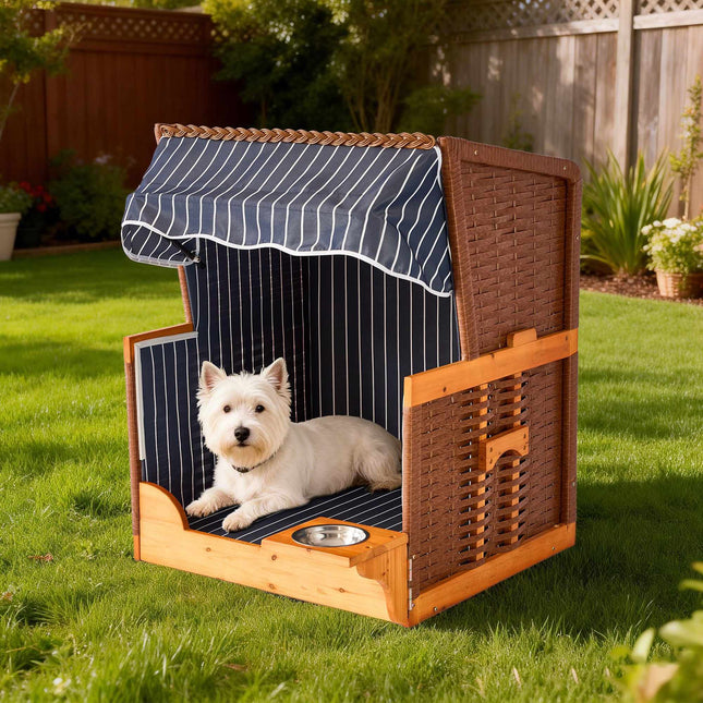 Hundeliegestuhl mit Napf – Holz & Rattan