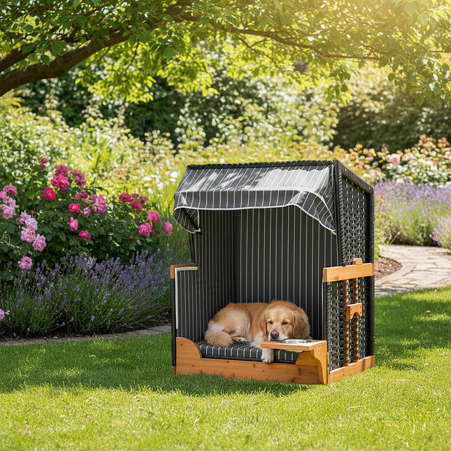 Hundestrandstuhl mit Napf, Holz & Rattan