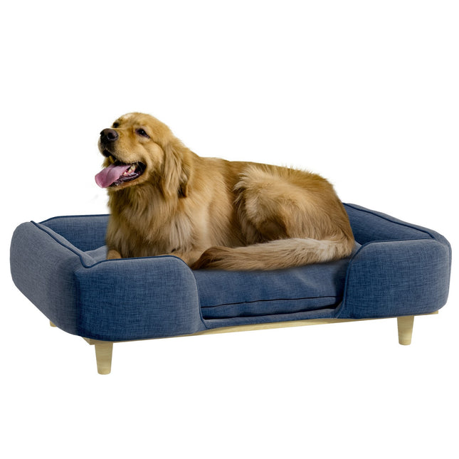 Lit Pour Chien Coussin Pour Chien Panier Pour Chien Canapé Pour Chien Pieds En Bois, Polyester, Bleu Foncé, 96 X 66 X 24 Cm