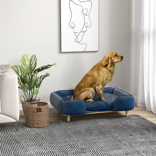 Lit Pour Chien Coussin Pour Chien Panier Pour Chien Canapé Pour Chien Pieds En Bois, Polyester, Bleu Foncé, 96 X 66 X 24 Cm