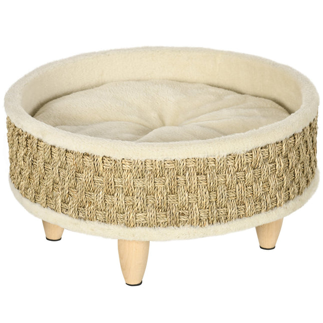 Lit Surélevé Pour Chien Avec Coussin Lavable, Corde En Jonc De Mer Et Pieds En Bois, Rond, Beige + Kaki, 48 X 48 X 24,5 Cm