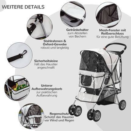 Chariot Pour Chien Dog Buggy Avec Housse De Pluie, Chariot Pour Chien Pliable Jusqu'À 20 Kg, Gris, Avec Porte-Gobelet Et Fenêtre Grillagée, 75X45X97Cm
