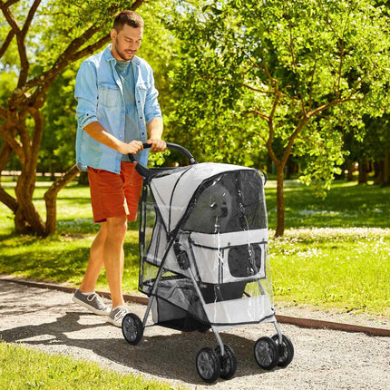Chariot Pour Chien Dog Buggy Avec Housse De Pluie, Chariot Pour Chien Pliable Jusqu'À 20 Kg, Gris, Avec Porte-Gobelet Et Fenêtre Grillagée, 75X45X97Cm