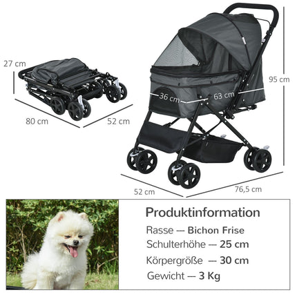 Dog Buggy Poussette Élégante Pour Petit Chien Et Chat, Poussette Pour Animal Domestique, Poussette Pour Chat, Oxford, Gris Foncé, 76,5 X 52 X 95 Cm