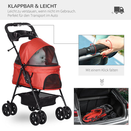 Zusammenklappbarer roter Haustier-Kinderwagen für kleine Hunde & Katzen 67x45x96cm