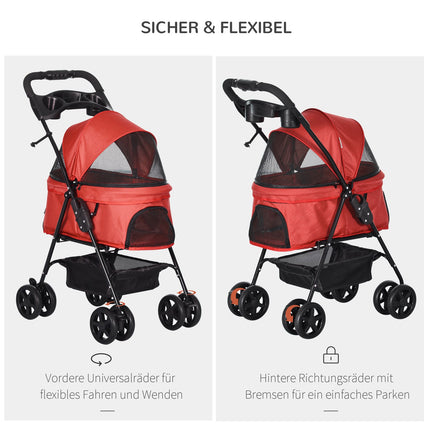 Zusammenklappbarer roter Haustier-Kinderwagen für kleine Hunde & Katzen 67x45x96cm