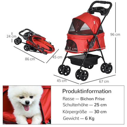 Zusammenklappbarer roter Haustier-Kinderwagen für kleine Hunde & Katzen 67x45x96cm