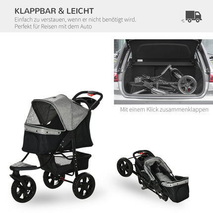 Zusammenklappbarer 3-Rad-Haustierbuggy, Grau/Schwarz, für Hunde und Katzen