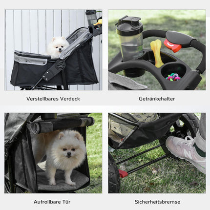 Zusammenklappbarer 3-Rad-Haustierbuggy, Grau/Schwarz, für Hunde und Katzen