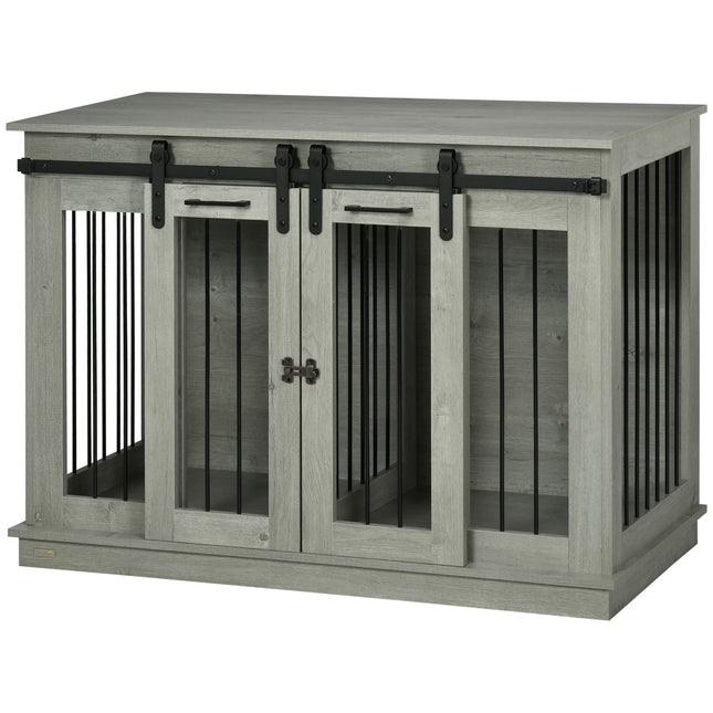 Cage pour chien, cage pour animaux de compagnie, niche pour chien avec option deux pièces pour chiens de taille moyenne, cage pour chien avec double porte, niche pour chien, Gris, 120 x 60 x 88,5 cm