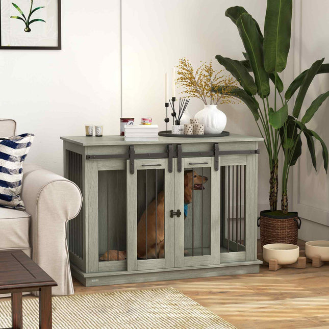 Cage pour chien, cage pour animaux de compagnie, niche pour chien avec option deux pièces pour chiens de taille moyenne, cage pour chien avec double porte, niche pour chien, Gris, 120 x 60 x 88,5 cm