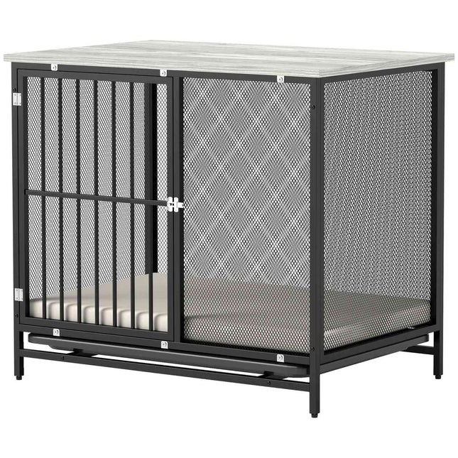 Lockable dog box with cushion, Grey, 88 x 55 x 71 cm