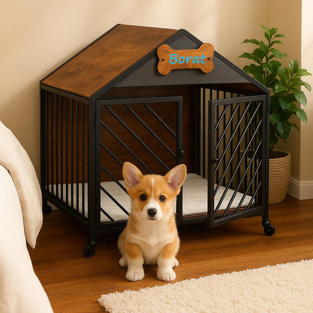 Cage pour chien à roulettes - Effet bois et métal
