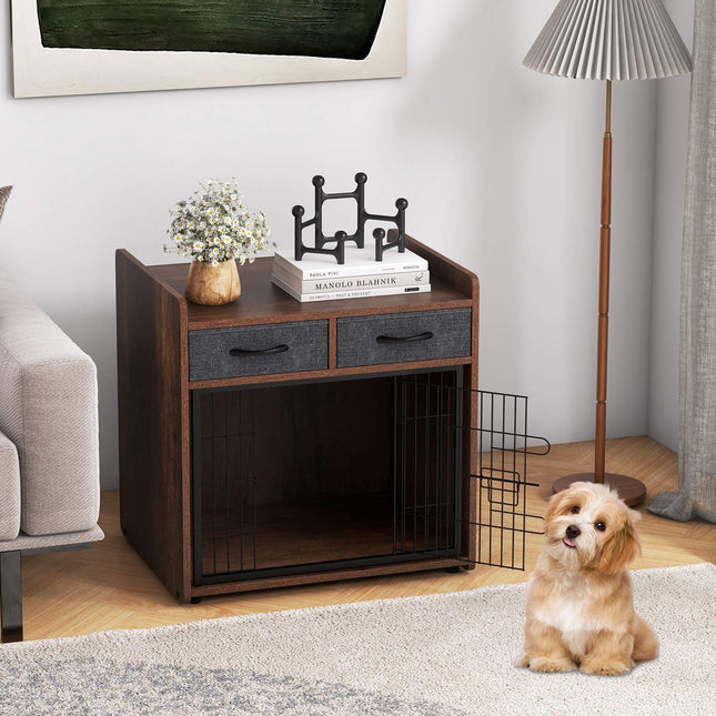 Table d'appoint pour cage de chien avec 2 tiroirs en tissu