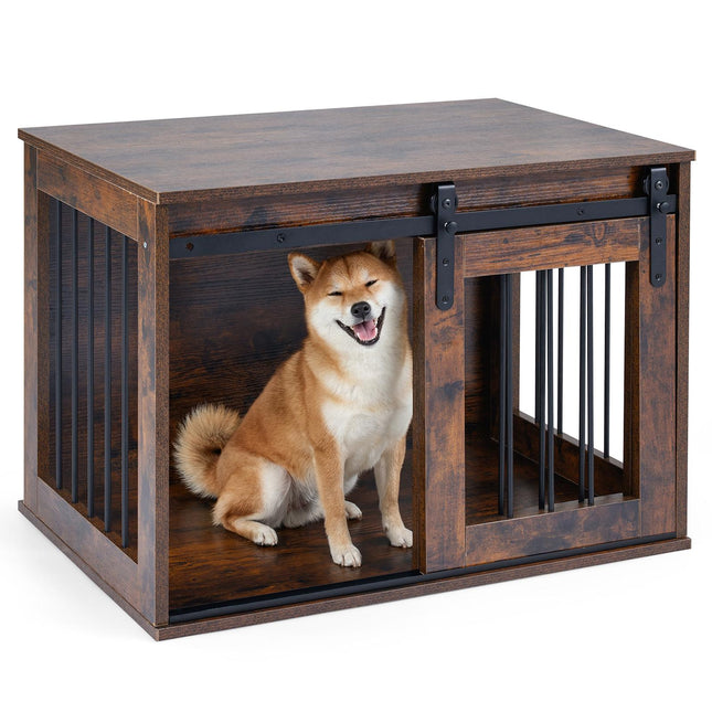 Cage pour chien avec porte coulissante de style grange, 80 cm, marron