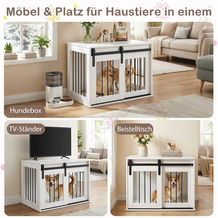 Meuble pour cage de chien avec porte coulissante de style grange, blanc, 80 cm
