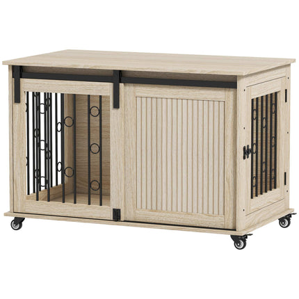 Cage pour chien à roulettes, porte coulissante, 100 x 56 x 65 cm, bois, acier