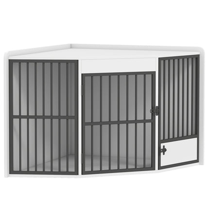 Hundebox mit Futtertür, MDF & Metall, Weiß