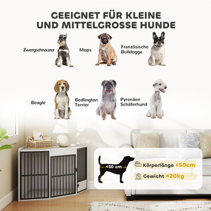 Hundebox mit Futtertür, MDF & Metall, Weiß