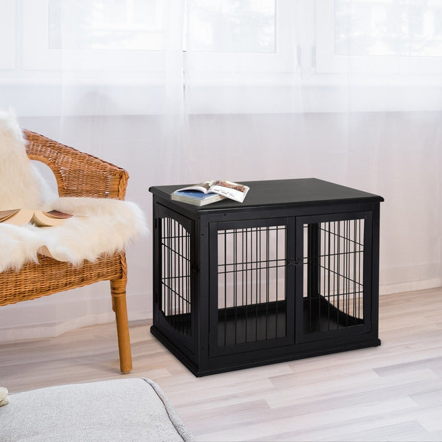 Niche Pour Chien Avec Surface De Table, Cage Pour Petits Animaux Pour Intérieur, Métal Mdf, Noir, 81X58,5X66 Cm