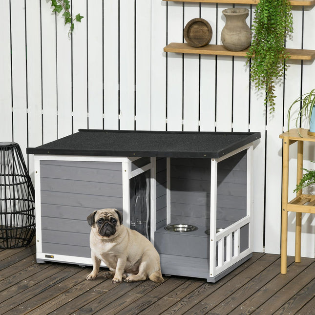 Wetterfeste Fichtenholz-Hundehütte mit Terrasse und Futternäpfen