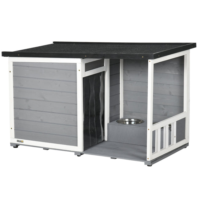 Wetterfeste Fichtenholz-Hundehütte mit Terrasse und Futternäpfen