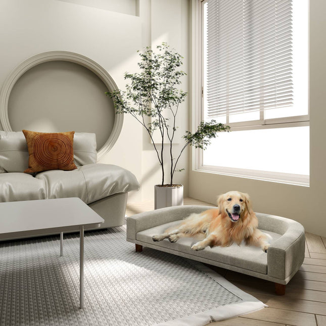 Dog sofa with cushion, raised design and wooden legs, gray