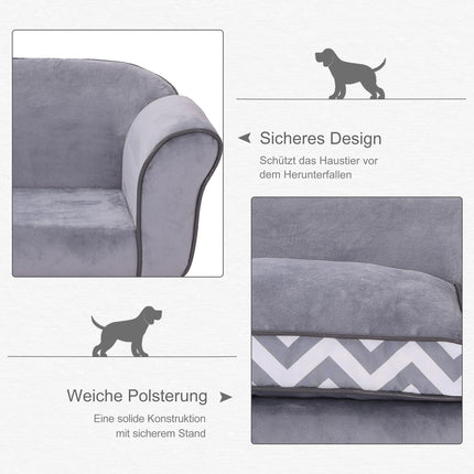Graues Haustiersofa aus Samt mit waschbarem Kissen und erhöhten Füßen