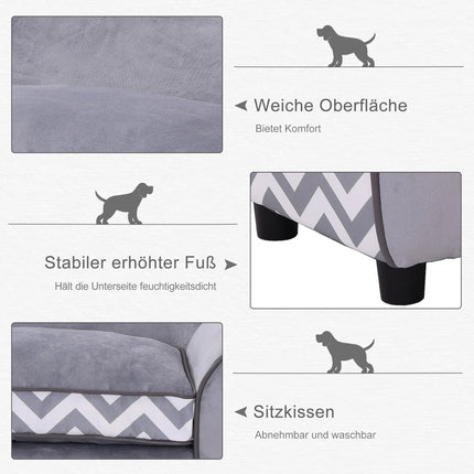 Graues Haustiersofa aus Samt mit waschbarem Kissen und erhöhten Füßen