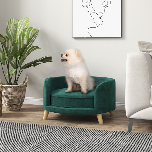 Canapé Pour Chien Aspect Velours Avec Coussin, Design Surélevé Et Pieds En Bois, Vert