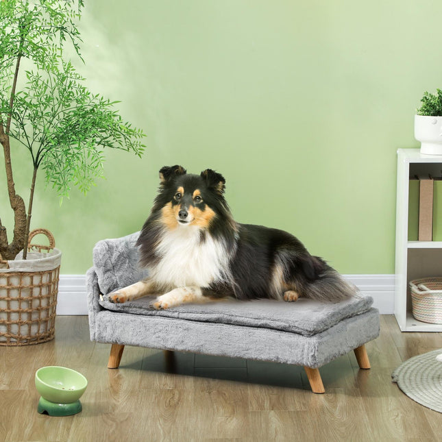 Canapé pour chien de taille moyenne, lit pour chien avec coussin amovible et lavable, canapé pour animal domestique avec pieds en bois, design surélevé, 20 kg, gris clair