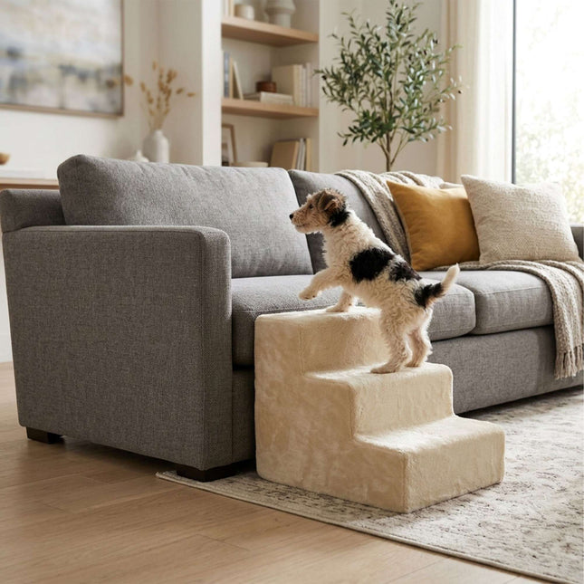 Hundetreppe, 3 Stufen – Beige, weicher Plüschbezug
