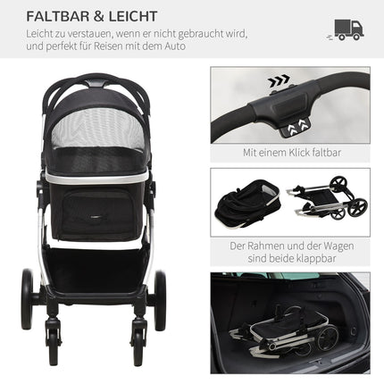 Zusammenklappbarer Hunde- und Katzenbuggy - 3-in-1 mit Kissen, Bremsen