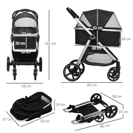 Zusammenklappbarer Hunde- und Katzenbuggy - 3-in-1 mit Kissen, Bremsen