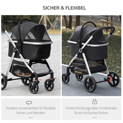 Zusammenklappbarer Hunde- und Katzenbuggy - 3-in-1 mit Kissen, Bremsen
