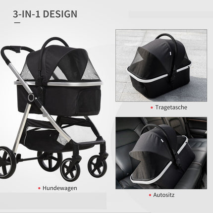 Zusammenklappbarer Hunde- und Katzenbuggy - 3-in-1 mit Kissen, Bremsen